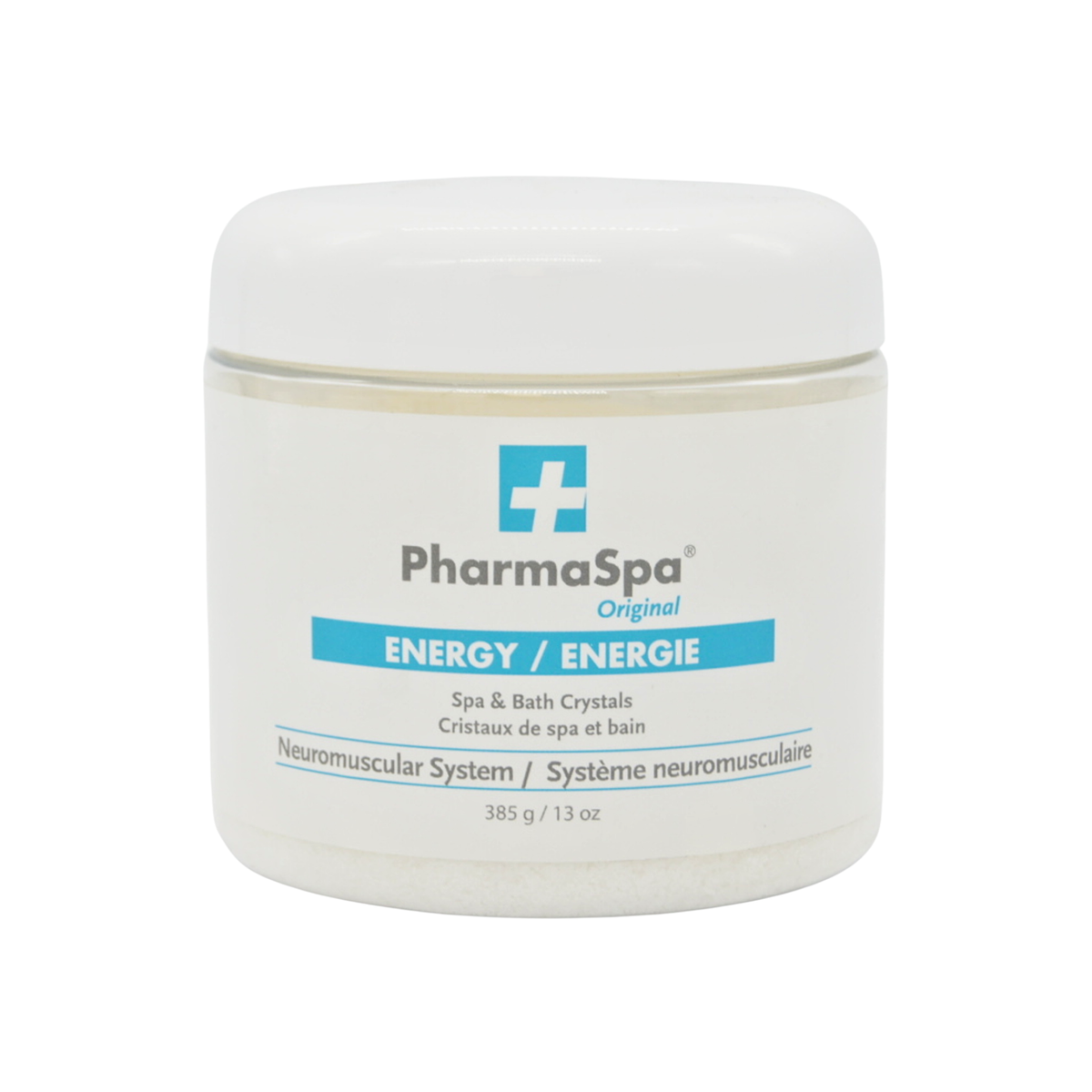 PharmaSpa Original Energy Spa & Bath Crystals in a white plastic jar with a white lid, featuring a blue and gray label on a white background.