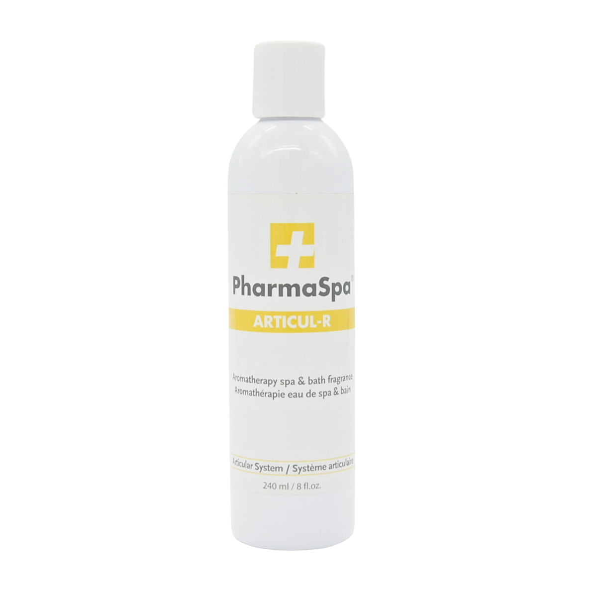 A white plastic bottle of PharmaSpa ARTICUL-R homeopathy spa & bath fragrance oil, 240 ml, on a solid white background.