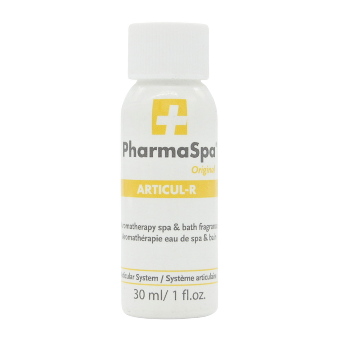 A 30 ml white plastic bottle of PharmaSpa ARTICUL-R aromatherapy spa & bath fragrance, featuring a white cap and a label with a yellow cross logo and yellow accent band.