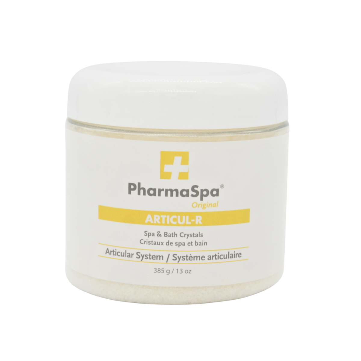 PharmaSpa Original ARTICUL-R Spa & Bath Crystals in a white plastic jar with a white lid, on a white background.