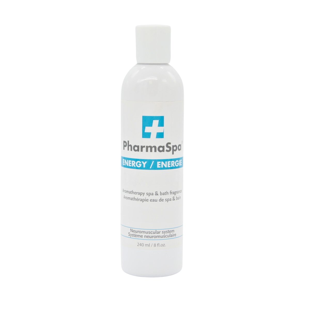 A white plastic bottle of PharmaSpa Energy Neuromuscular System spa & bath scent, featuring a white cap and a label with a blue cross logo and blue accents, set against a plain white background.