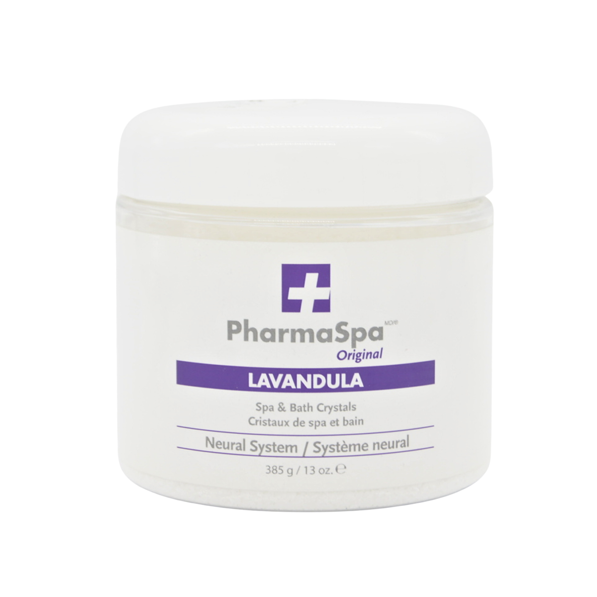 PharmaSpa Original Lavandula Spa & Bath Crystals in a white plastic jar with a white lid, on a white background.