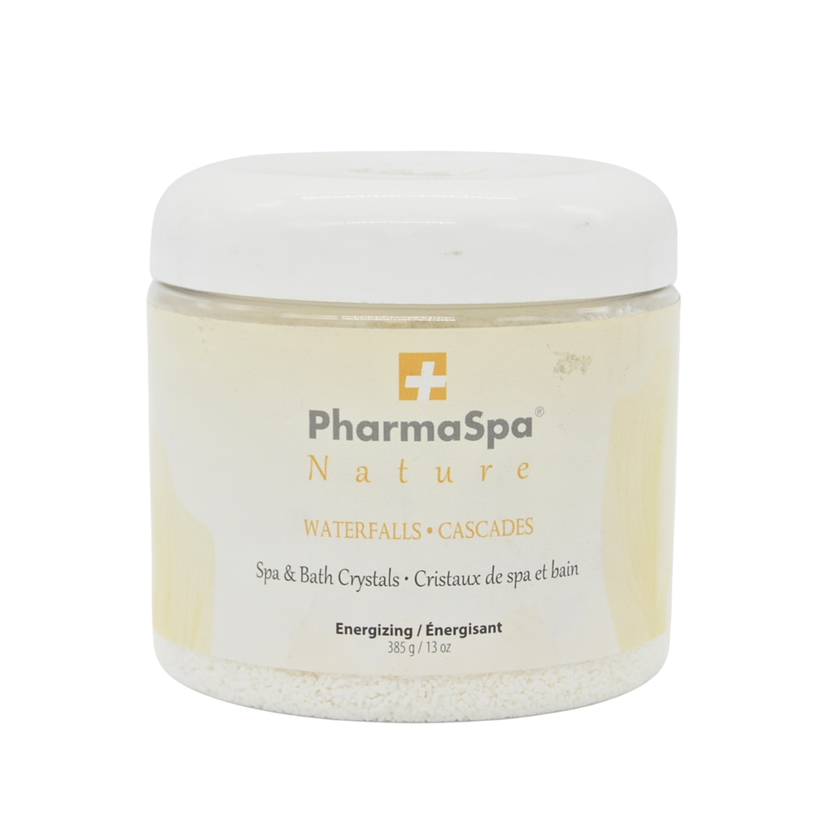 PharmaSpa Nature Waterfalls Cascades spa and bath crystals in a clear plastic jar with a white lid and cream-colored label, on a white background.