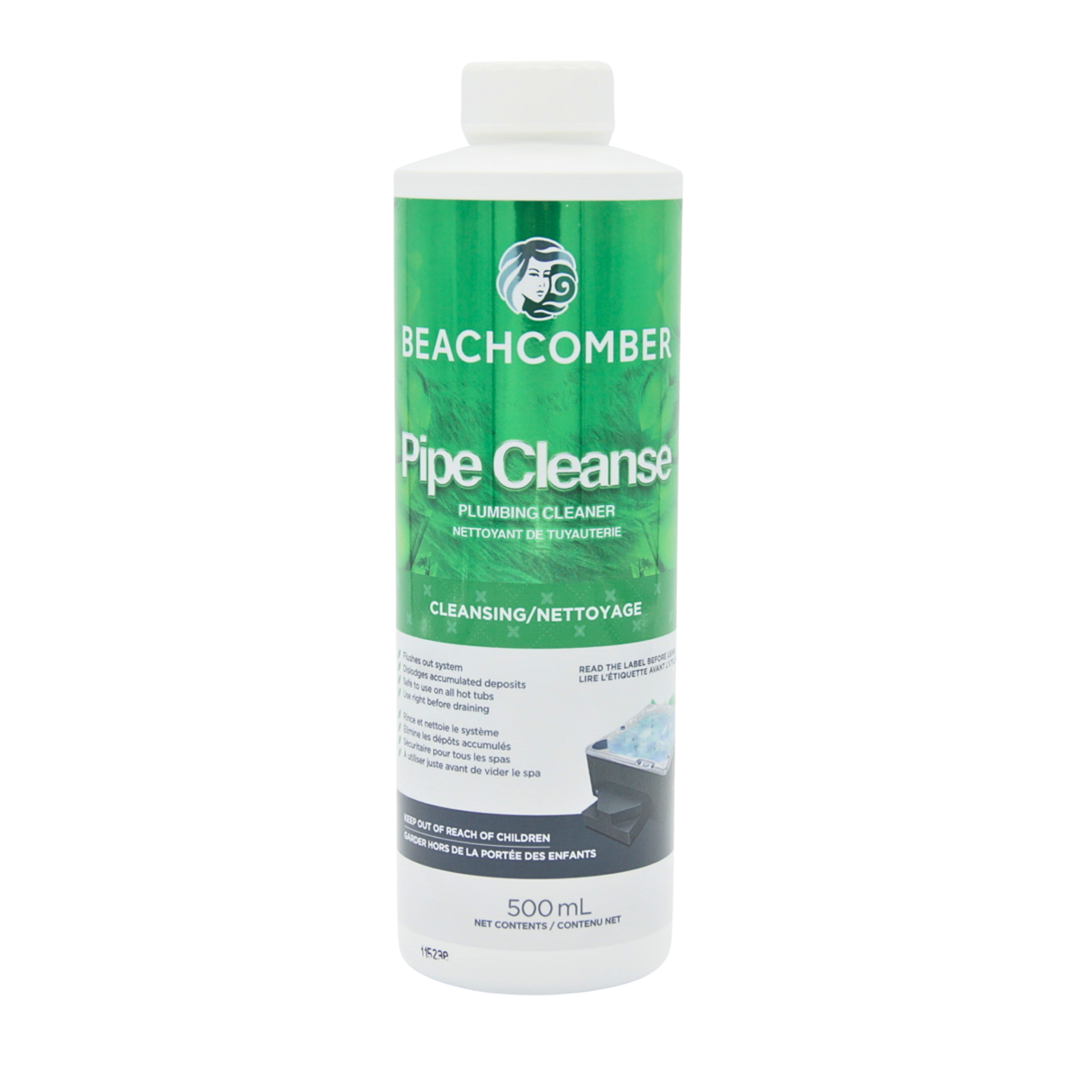 A 500 mL bottle of Beachcomber Pipe Cleanse plumbing cleaner, featuring a white bottle with a prominent green label and white cap, set against a plain white background.