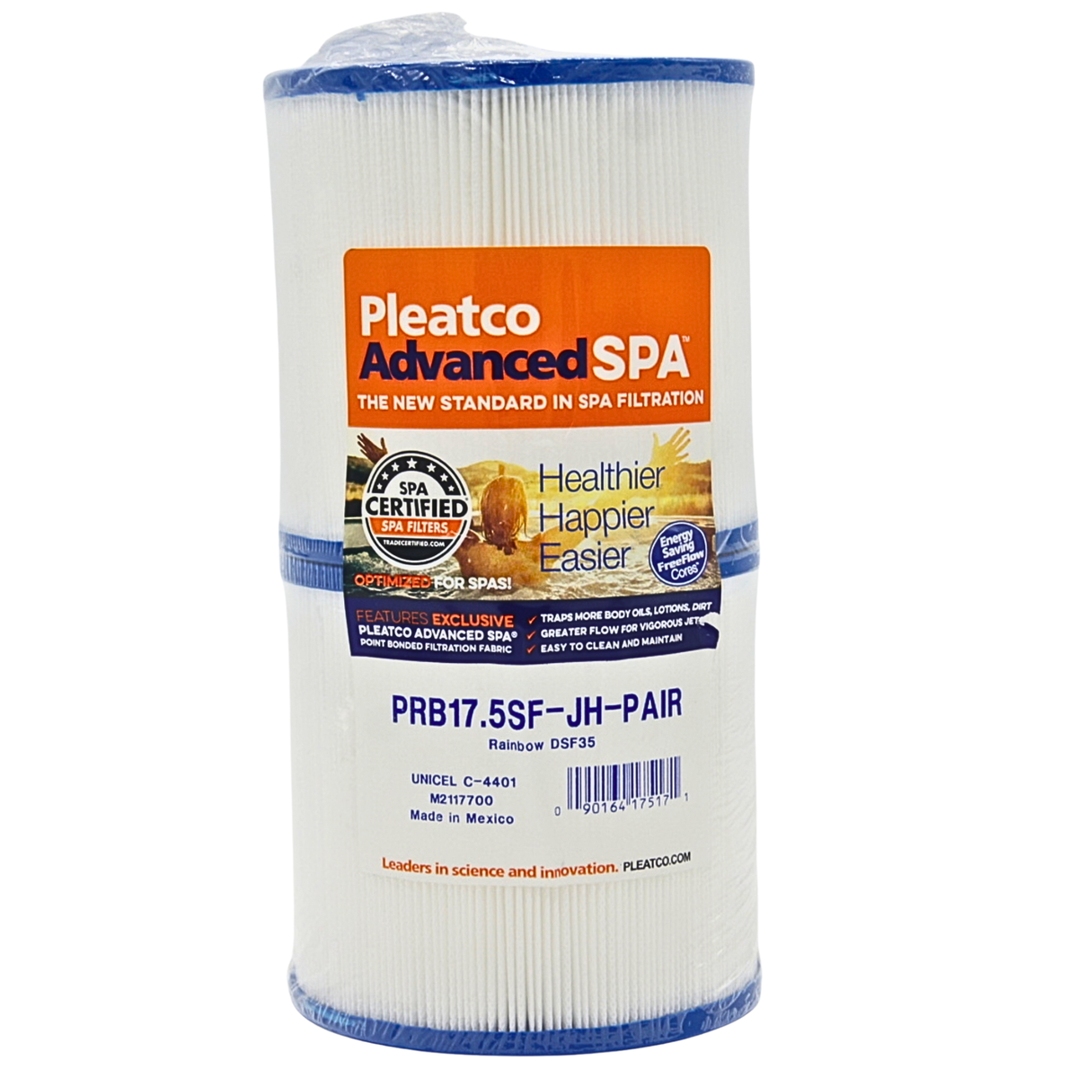 Pleatco Advanced SPA PRB17.5SF-JH-PAIR replacement spa filter cartridge, featuring a white pleated filter body with blue plastic end caps and a prominent orange and white product label.