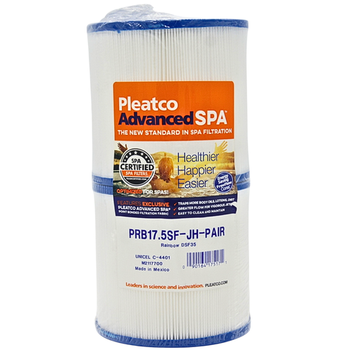 Pleatco Advanced SPA PRB17.5SF-JH-PAIR replacement spa filter cartridge, featuring a white pleated filter body with blue plastic end caps and a prominent orange and white product label.