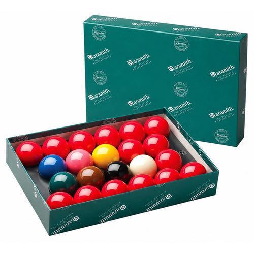 A boxed set of Baramith 6-piece snooker balls displayed open in front of its matching dark green box on a white background.