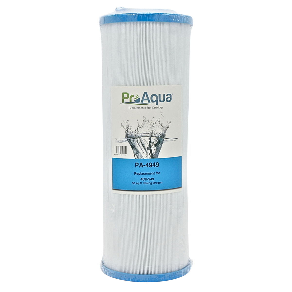 A single ProAqua replacement filter cartridge, model PA-4949, shown vertically against a plain white background. The filter has a white pleated body with blue plastic end caps and a white and blue paper label in the center.