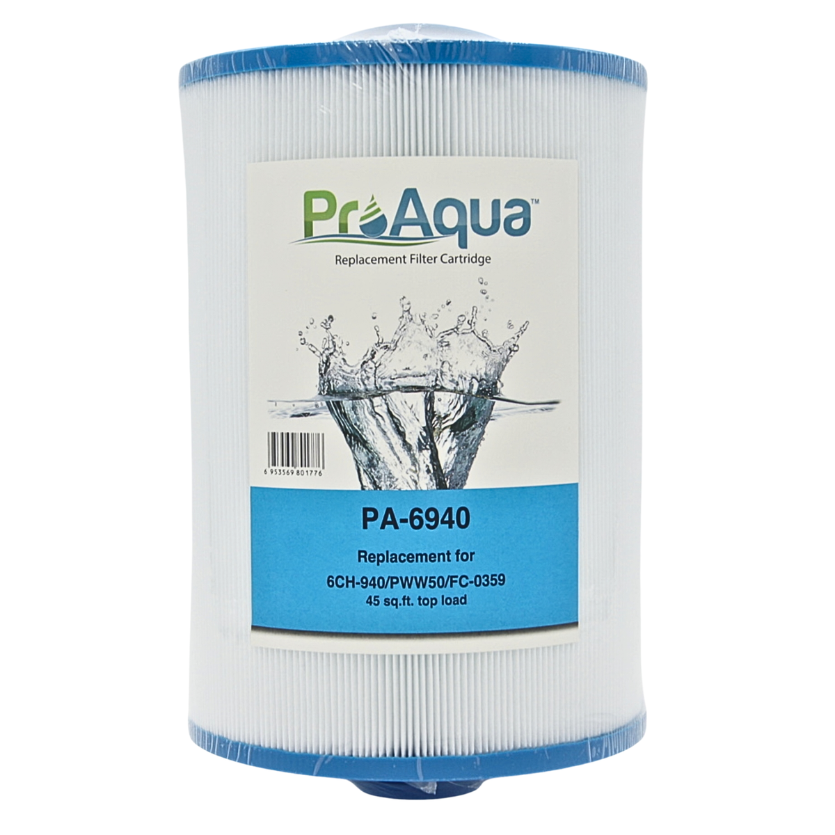 A ProAqua PA-6940 replacement filter cartridge, shown vertically against a plain white background. The filter has a white pleated body with blue plastic end caps and a large white and blue paper label in the center.