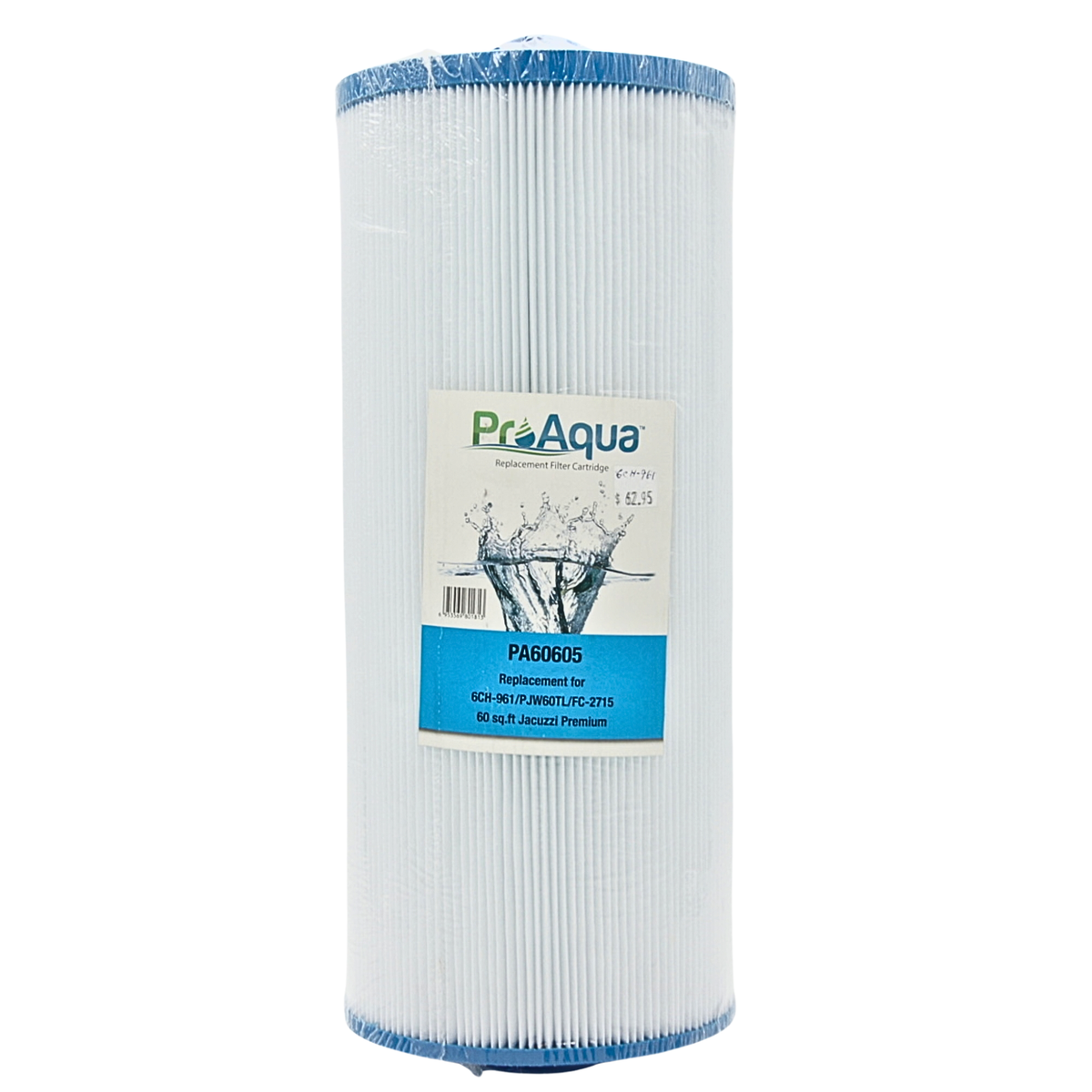 A cylindrical ProAqua pool filter cartridge with white pleated media and blue end caps, featuring a white and blue product label in the center.
