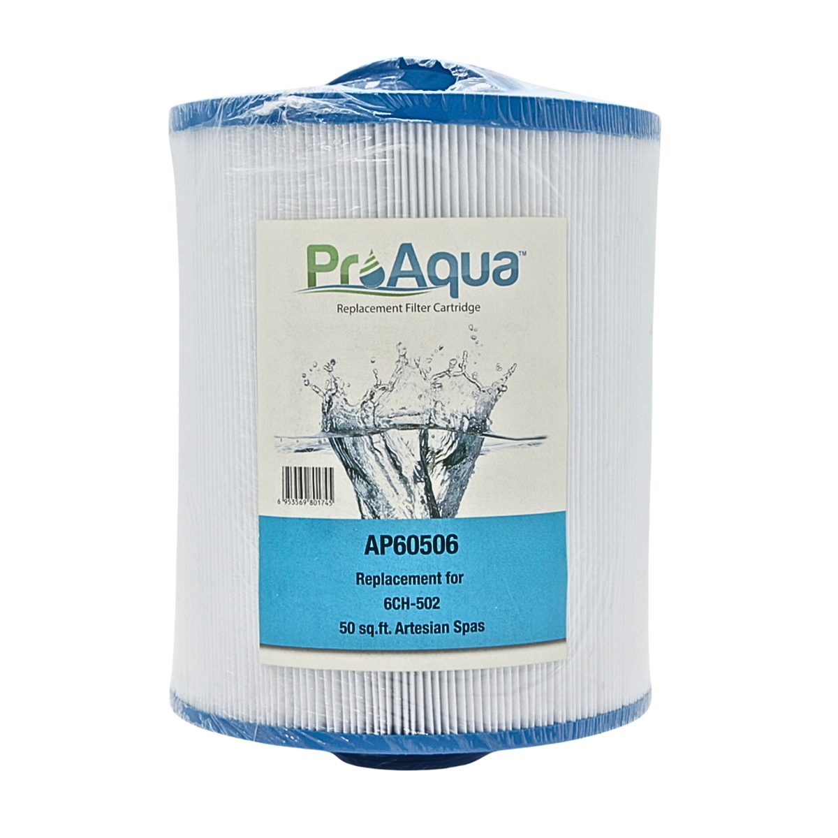 A cylindrical replacement filter cartridge for a 50 sq ft Artesian spa, wrapped in clear plastic with a white and blue paper label. The brand 'ProAqua' is clearly visible on the label.