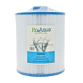 A cylindrical replacement filter cartridge by ProAqua, wrapped in clear plastic and featuring a white pleated body with blue top and bottom rims. The front label displays the PraAqua brand name and model PA80501.