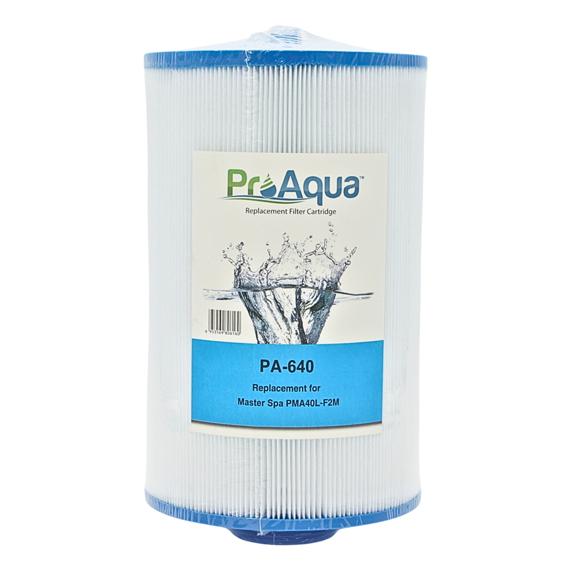 A white pleated replacement filter cartridge with blue plastic end caps and a central printed label reading 'ProAqua PA-640 Replacement Filter Cartridge' on a plain white background.