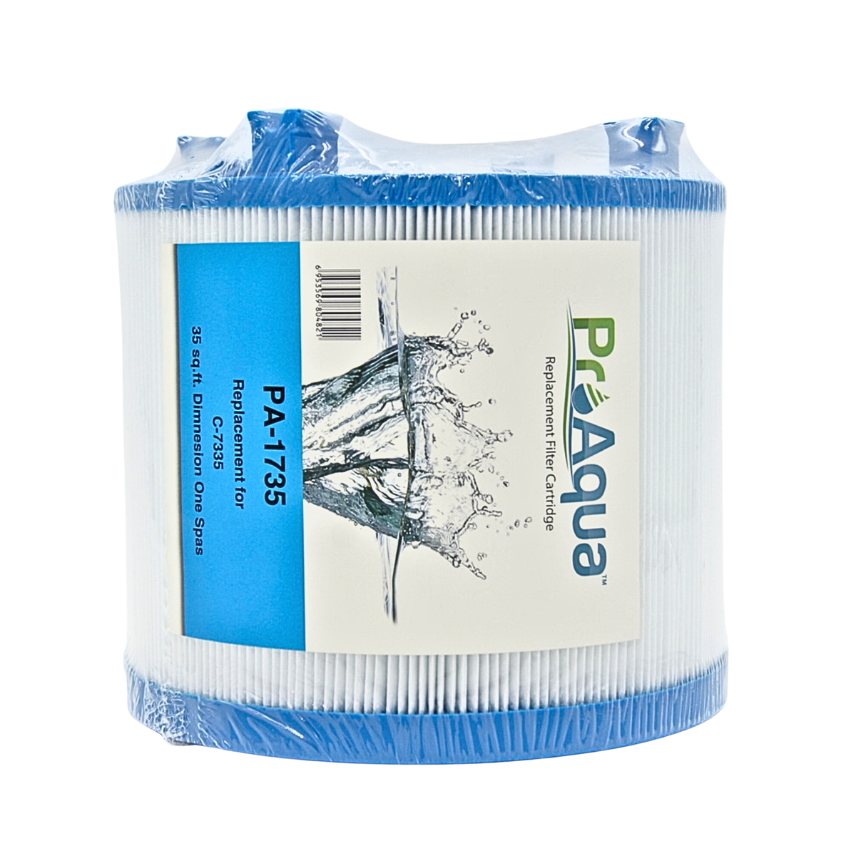 A cylindrical replacement filter cartridge wrapped in clear plastic, featuring blue end caps and a white center with a blue and white label that reads 'ProAqu' and 'PA-1735'.