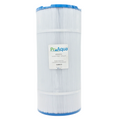 A cylindrical PreAqua pool filter cartridge with white pleated media and blue end caps, shown on a plain white background.
