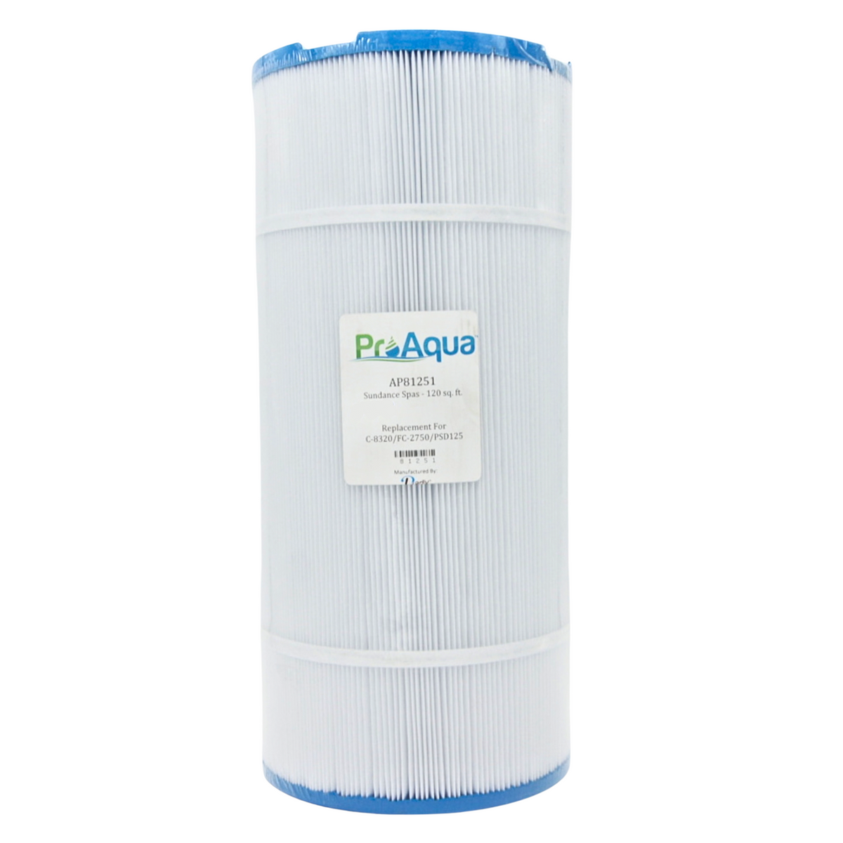 A cylindrical PreAqua pool filter cartridge with white pleated media and blue end caps, shown on a plain white background.