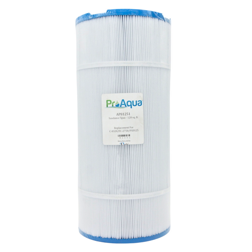 A cylindrical PreAqua pool filter cartridge with white pleated media and blue end caps, shown on a plain white background.