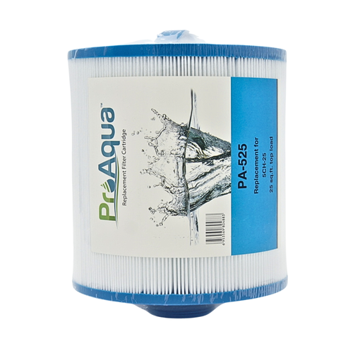 A cylindrical ProAqua replacement filter cartridge with white pleated media and blue plastic ends, featuring a white and blue product label.