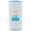 A cylindrical pool filter cartridge with white pleated media and blue trim, wrapped in a clear protective sleeve with a white and blue ProAqua label in the center.