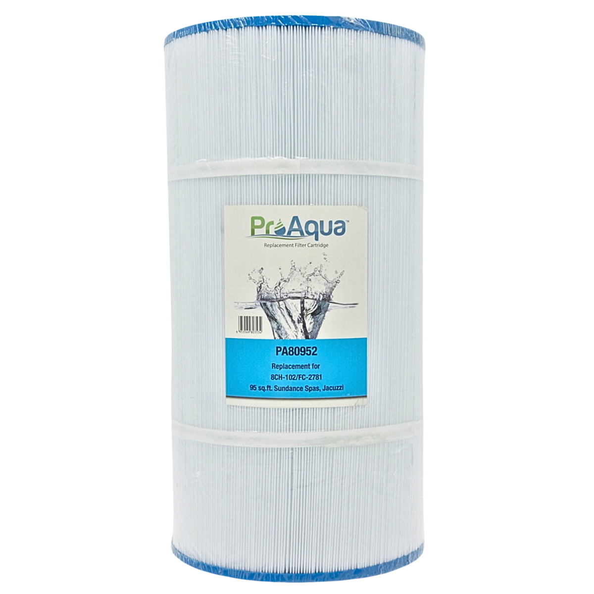 A cylindrical pool filter cartridge with white pleated media and blue trim, wrapped in a clear protective sleeve with a white and blue ProAqua label in the center.