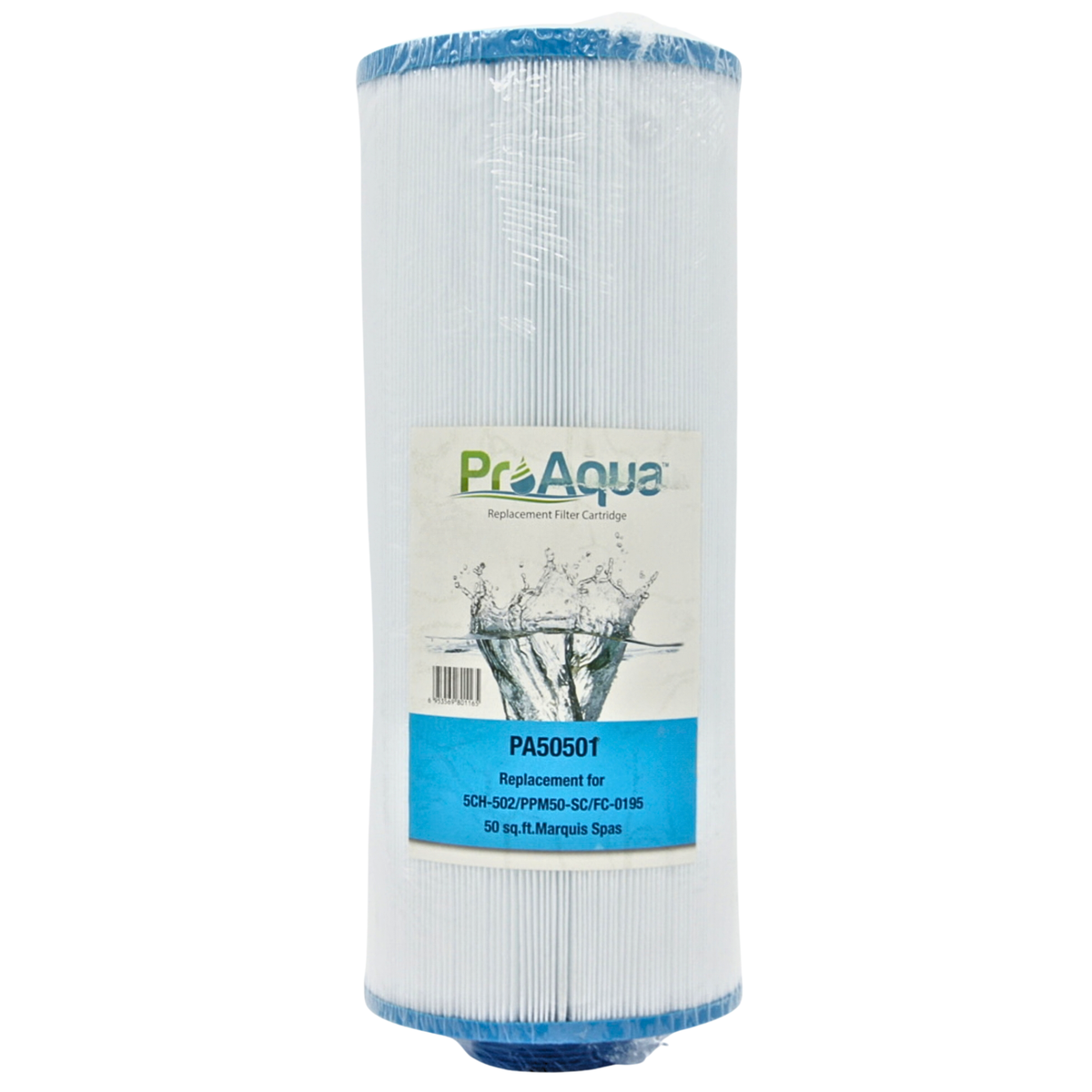 A ProAqua replacement filter cartridge, model PA50501, shown vertically on a plain white background. The cylindrical filter has a white pleated body with blue plastic end caps and a central paper label.