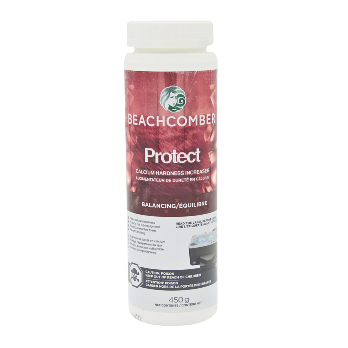A 450g bottle of Beachcomber Protect Calcium Hardness Increaser, featuring a white cap and a label with a red and dark gray design.