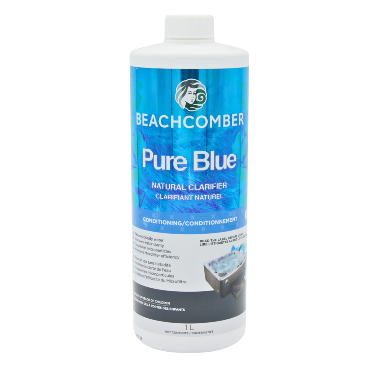 A 1-liter white plastic bottle of Beachcomber Pure Blue Natural Clarifier for pools, featuring a blue and white label with the brand logo.