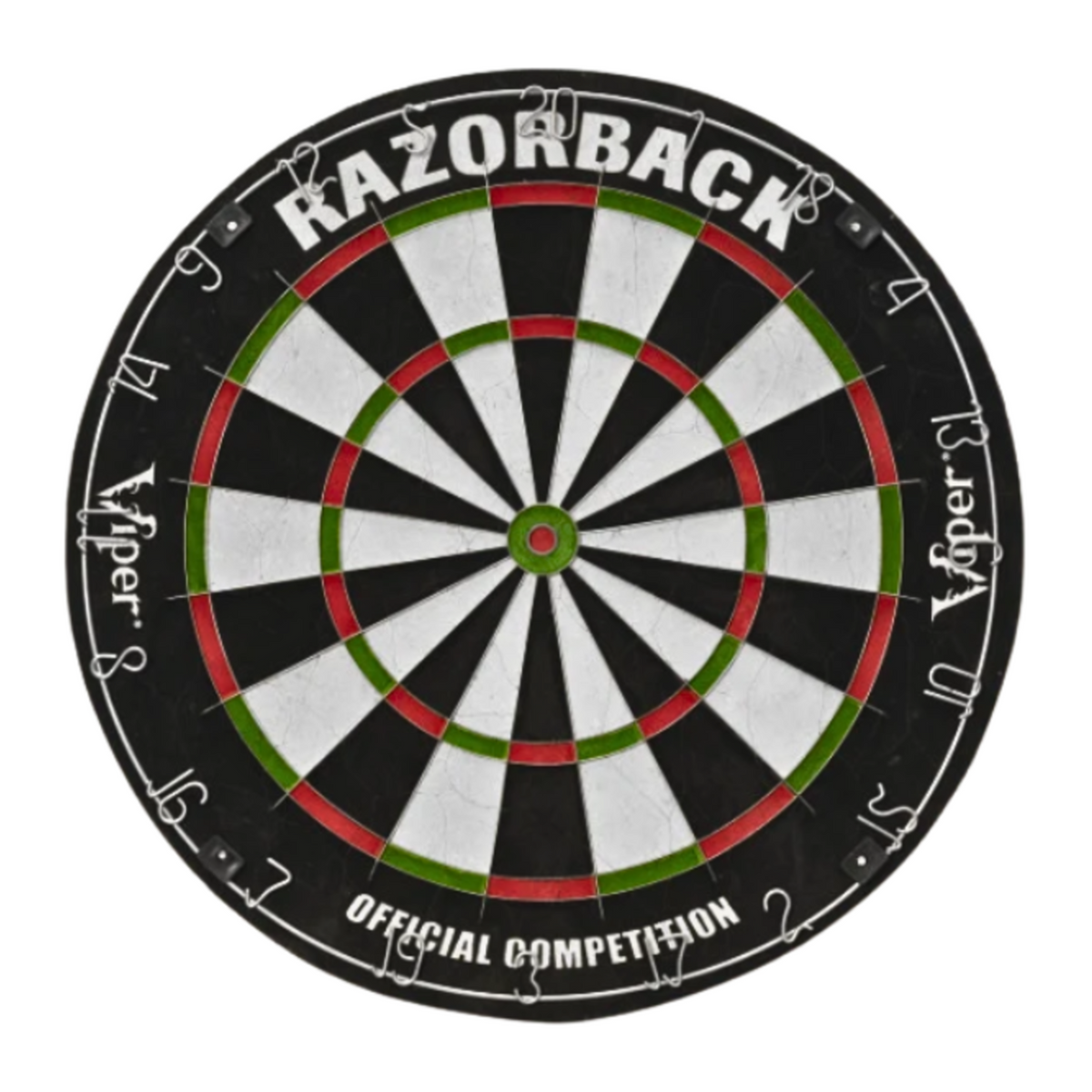 A Razorback dartboard with black, white, red, and green segments, featuring the brand name 'RAZORBACK' and 'OFFICIAL COMPETITION' text on a plain white background.