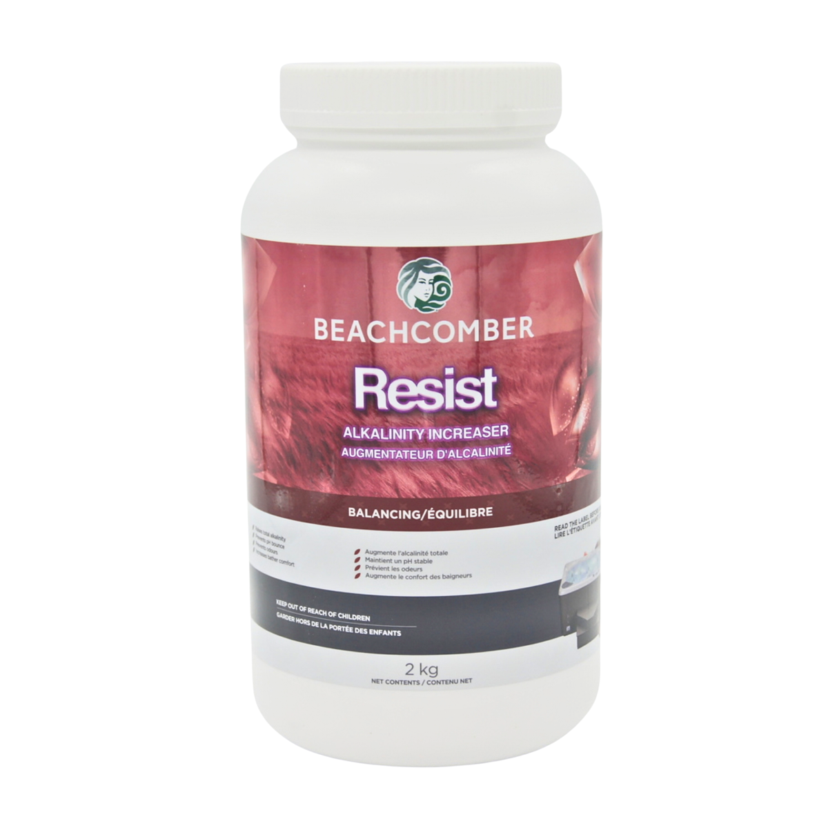 A 2 kg white plastic bottle of Beachcomber Resist Alkalinity Increaser, featuring a red and white label with the brand logo.