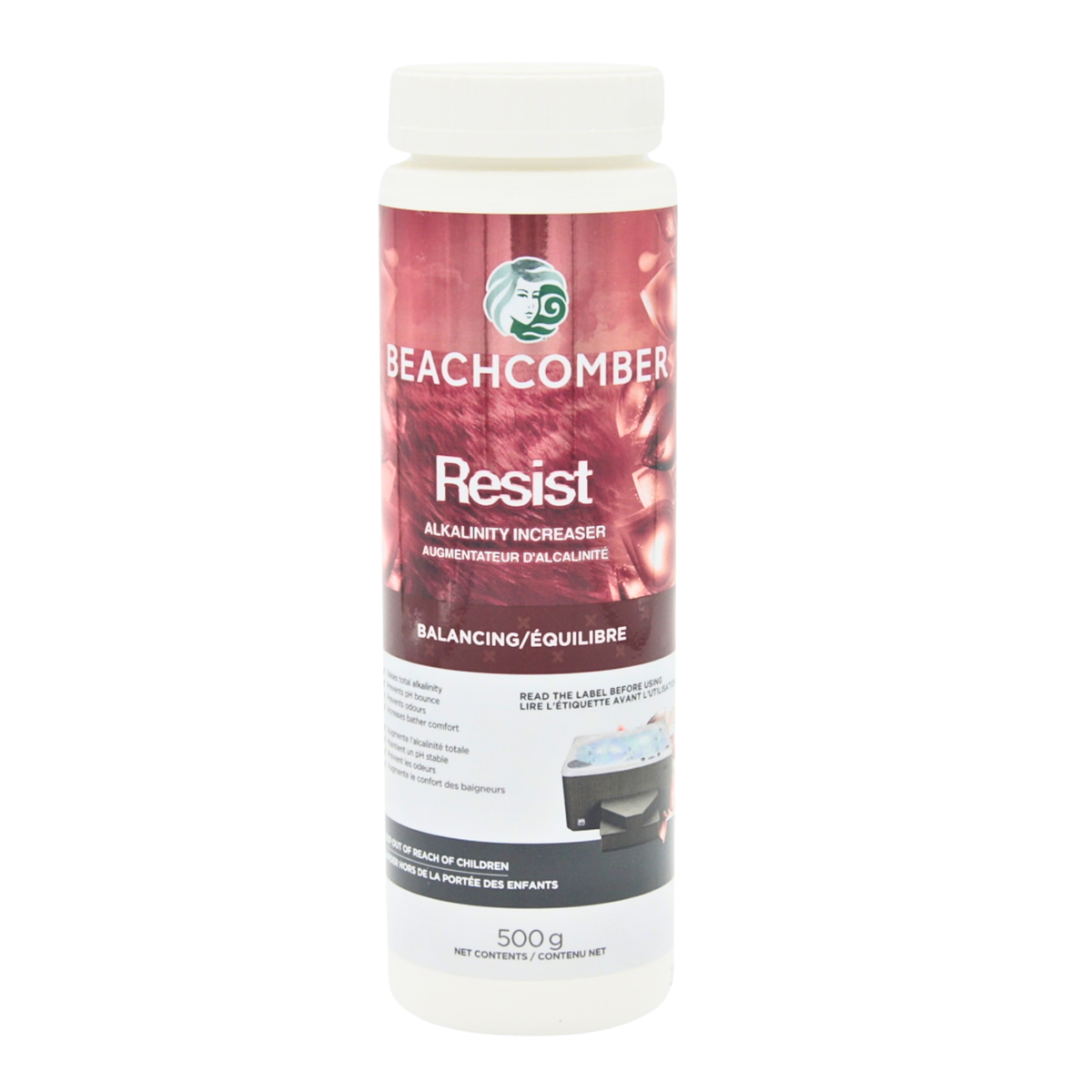 A 500 g white plastic bottle of Beachcomber Resist Alkalinity Increaser, featuring a white cap and a label with pink and dark red imagery.