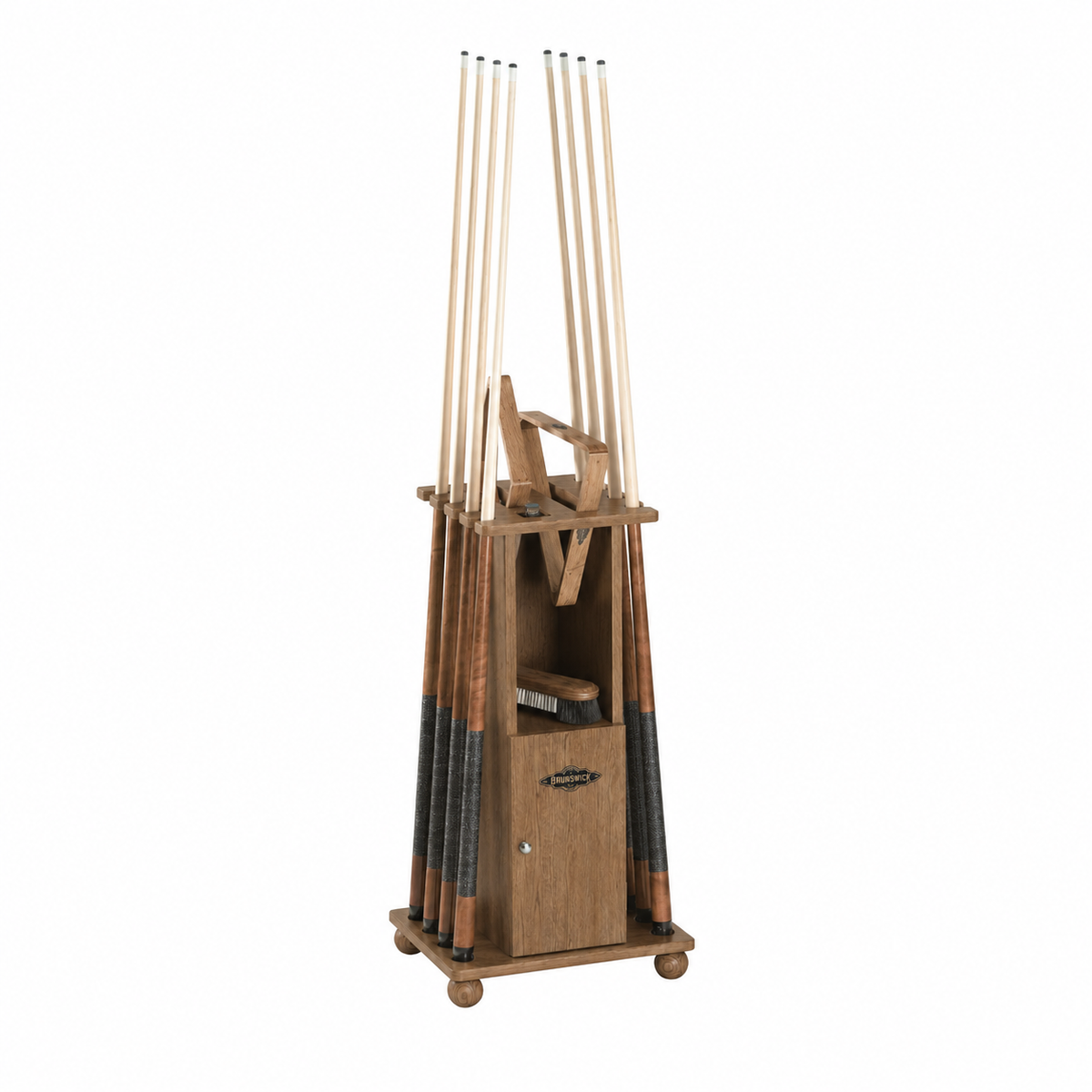 A "rustic dark brown" floor cue rack, shown holding 8 pool cues with a 8 ball and 9 ball rack. on a shelf below there is a pool table brush, all on a plain white background.