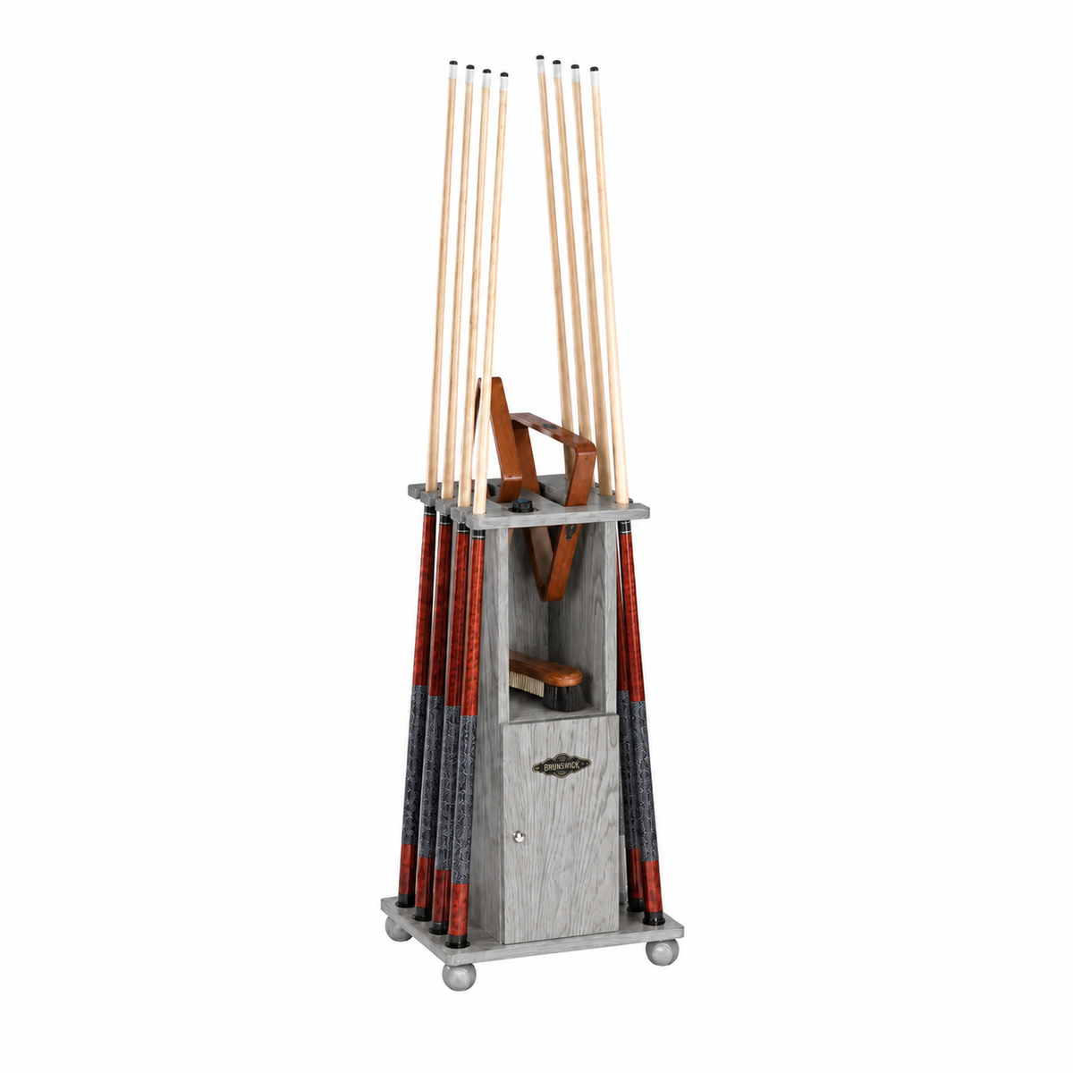 A lighter grey wood grained Floor cue rack, shown holding 8 pool cues with a 8 ball and 9 ball rack. on a shelf below there is a pool table brush, all on a plain white background.