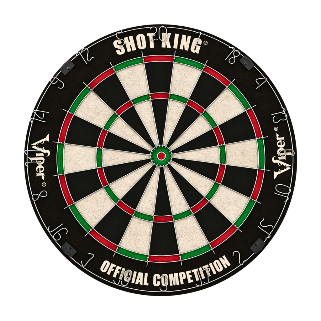 A professional Shot King Viper dartboard on a solid white background, featuring a black outer ring, cream-colored scoring segments, and red and green concentric rings.