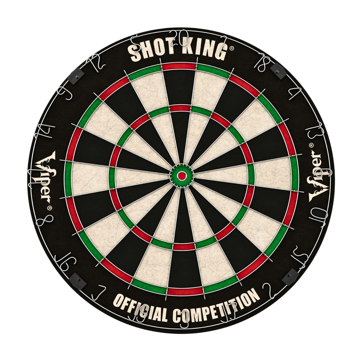 A professional Shot King Viper dartboard on a solid white background, featuring a black outer ring, cream-colored scoring segments, and red and green concentric rings.