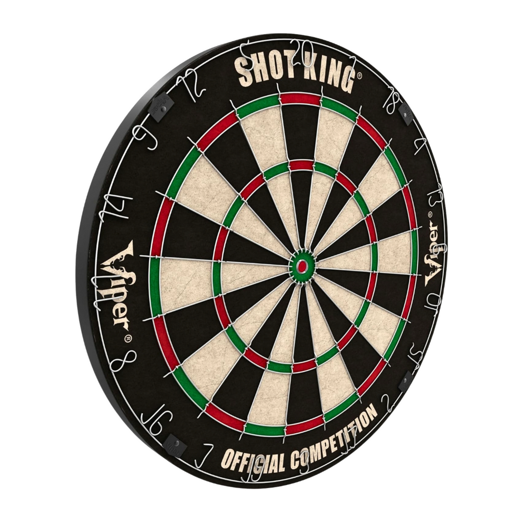 A professional dartboard with a black outer rim, cream-colored segments, and red and green scoring rings. The brand names 'Shot King' and 'Viper' are clearly visible on the board.