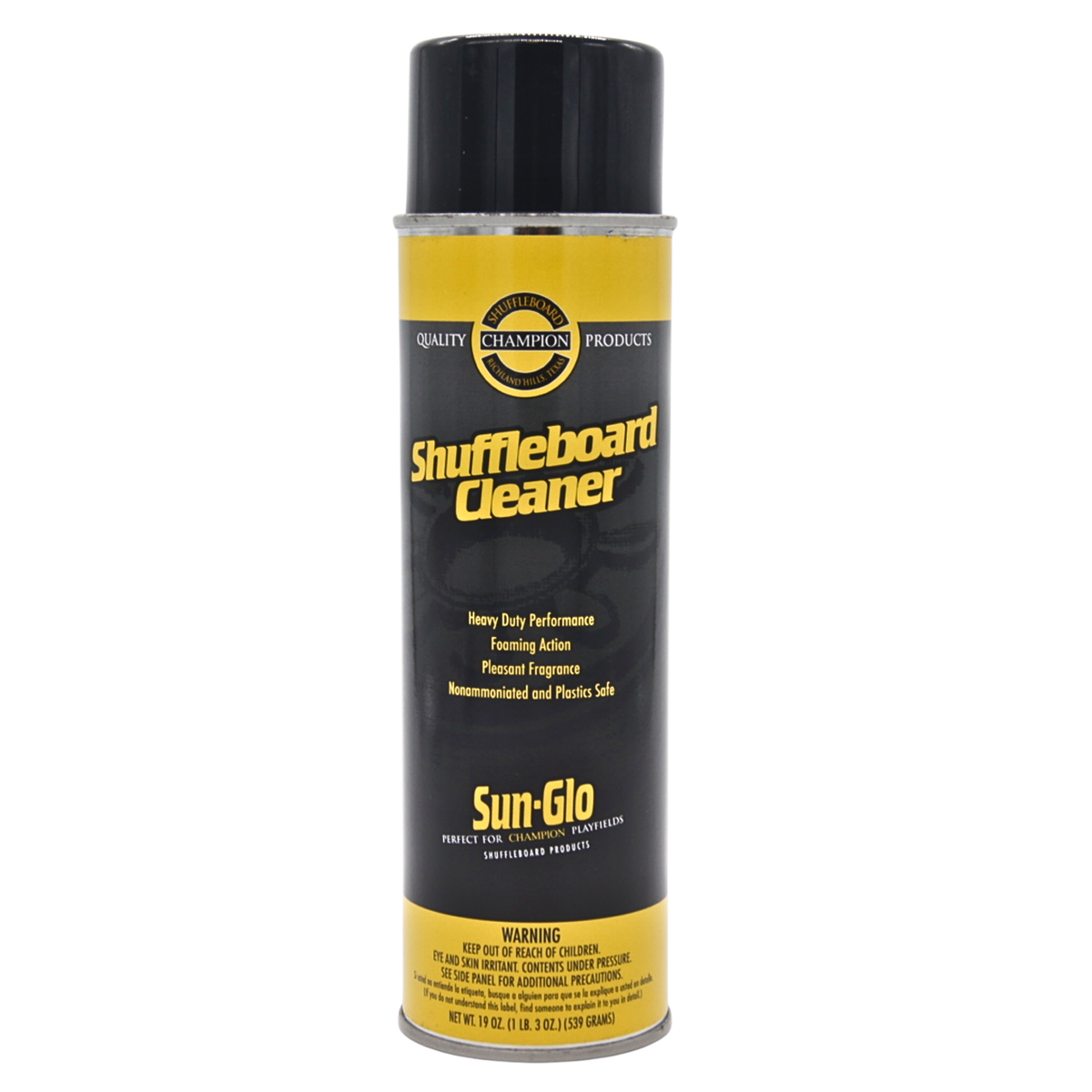 Sun-Glo Shuffleboard Cleaner in a 16 oz aerosol can, featuring a black and yellow label with the Sun-Glo logo.