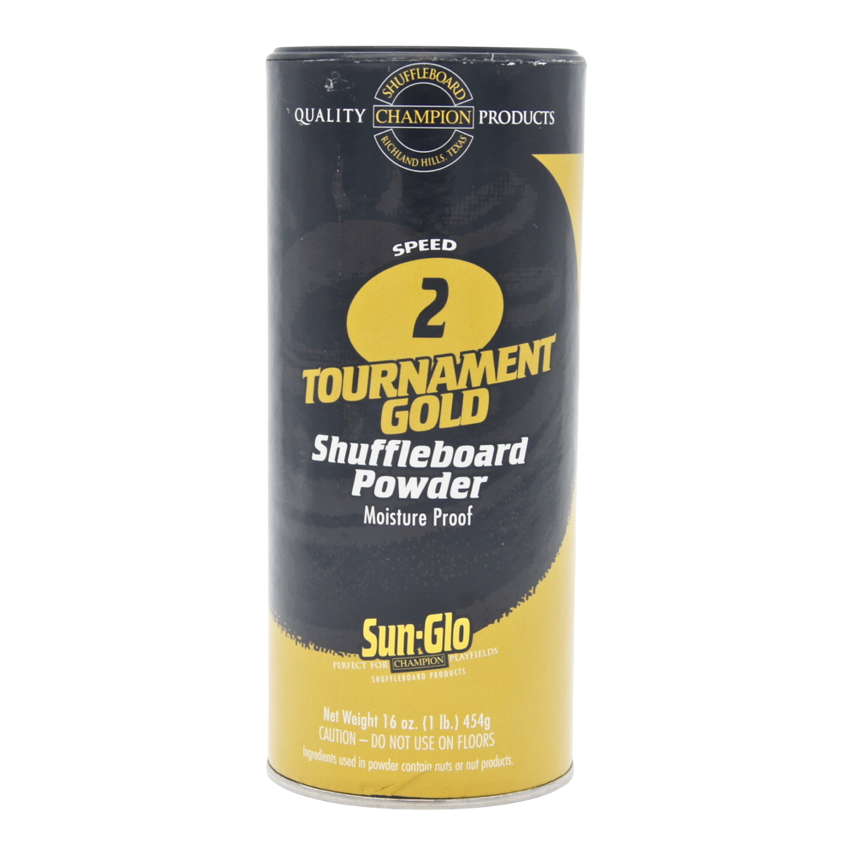 Sun-Glo Tournament Gold Speed 2 shuffleboard powder 454g canister with a black and gold label, front view.