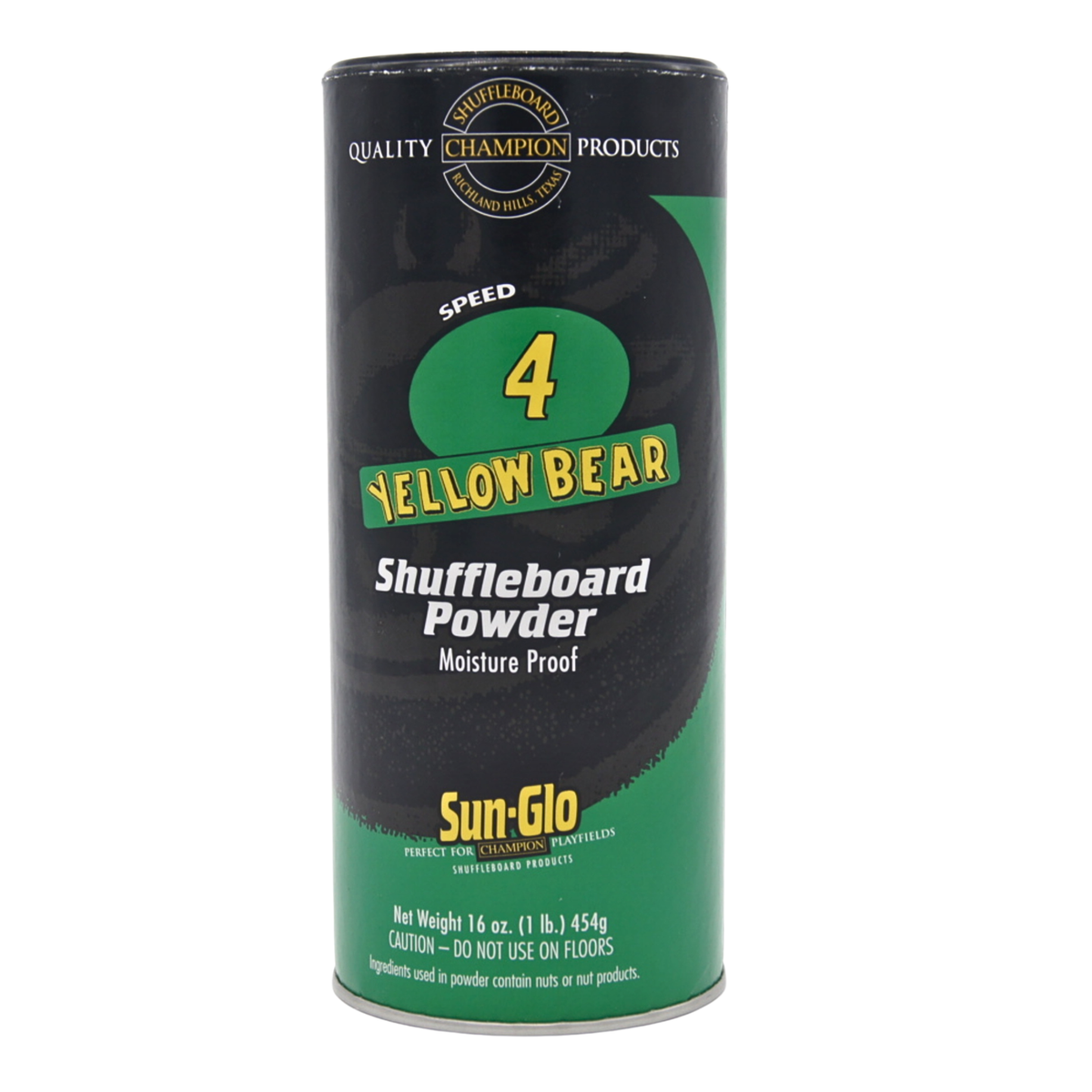 Black and green Sun-Glo Yellow Bear Speed 4 shuffleboard powder can with yellow lettering, labelled 16 oz (454g)