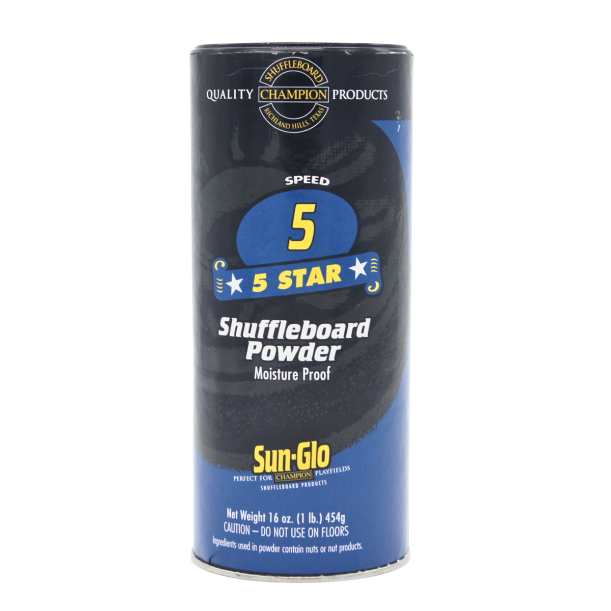 Sun-Glo 5 Star Speed 5 shuffleboard powder 454g canister with a black and blue label, front view.