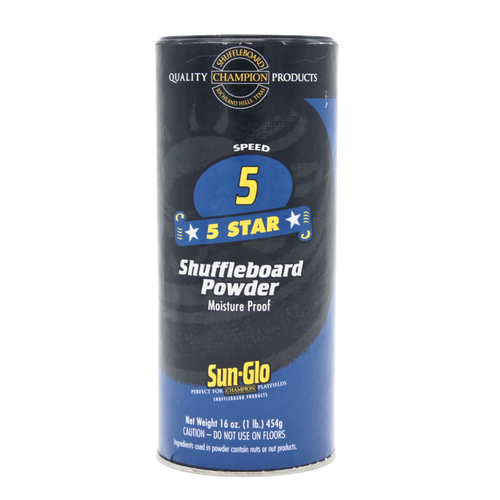 Sun-Glo 5 Star Speed 5 shuffleboard powder 454g canister with a black and blue label, front view.