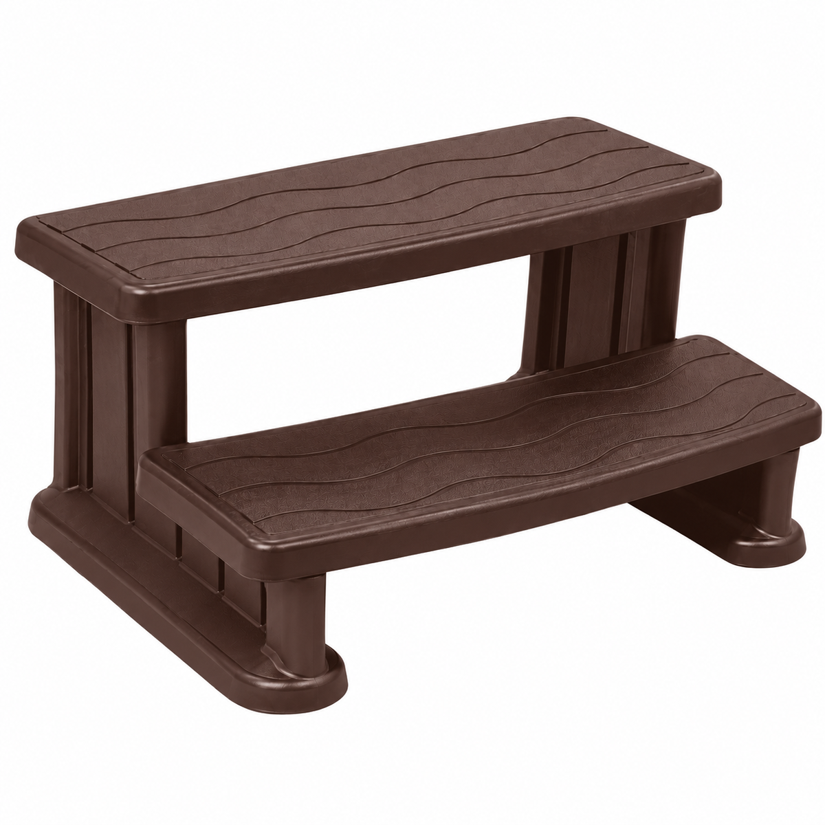 A two-step plastic step ladder in dark brown with a textured wavy grip pattern on the steps, isolated on a white background.