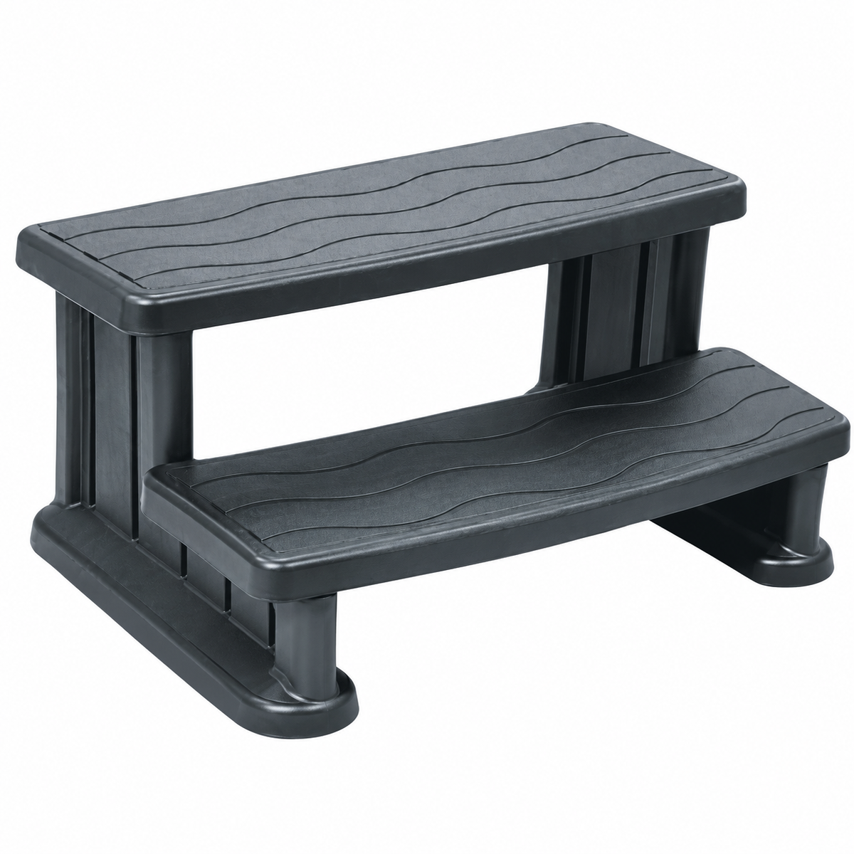 A two-step plastic step stool in dark gray with a textured wavy grip pattern on the steps, shown on a plain white background.