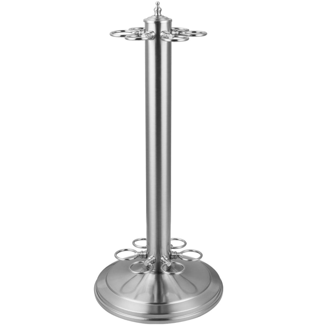 A Stainless Steel Silver metal cue stand that holds 6 cues with a round base on a white background