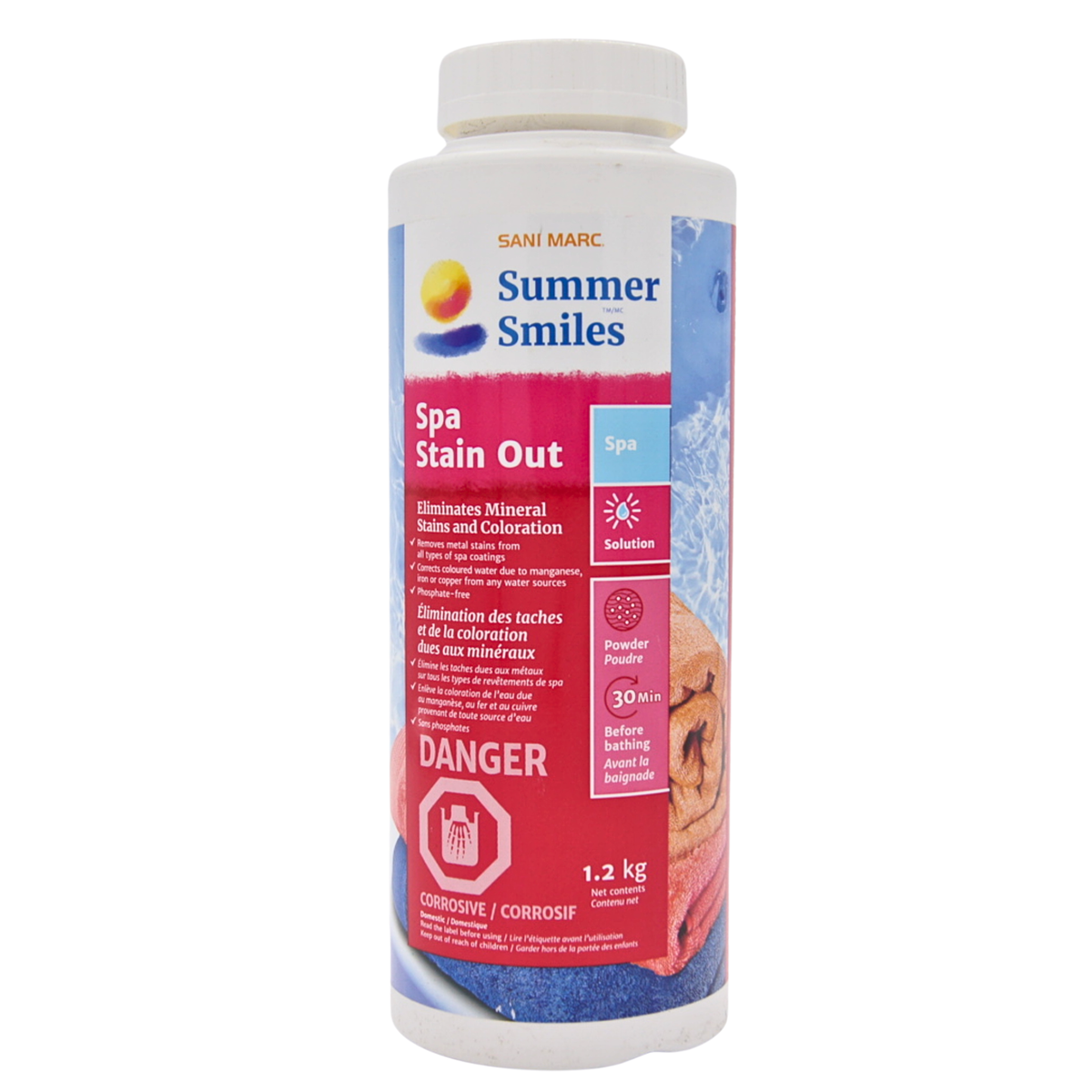 A 1.2 kg white plastic bottle of Sani Marc Summer Smiles Spa Stain Out treatment, featuring a white cap and a label with blue, red, and white sections.