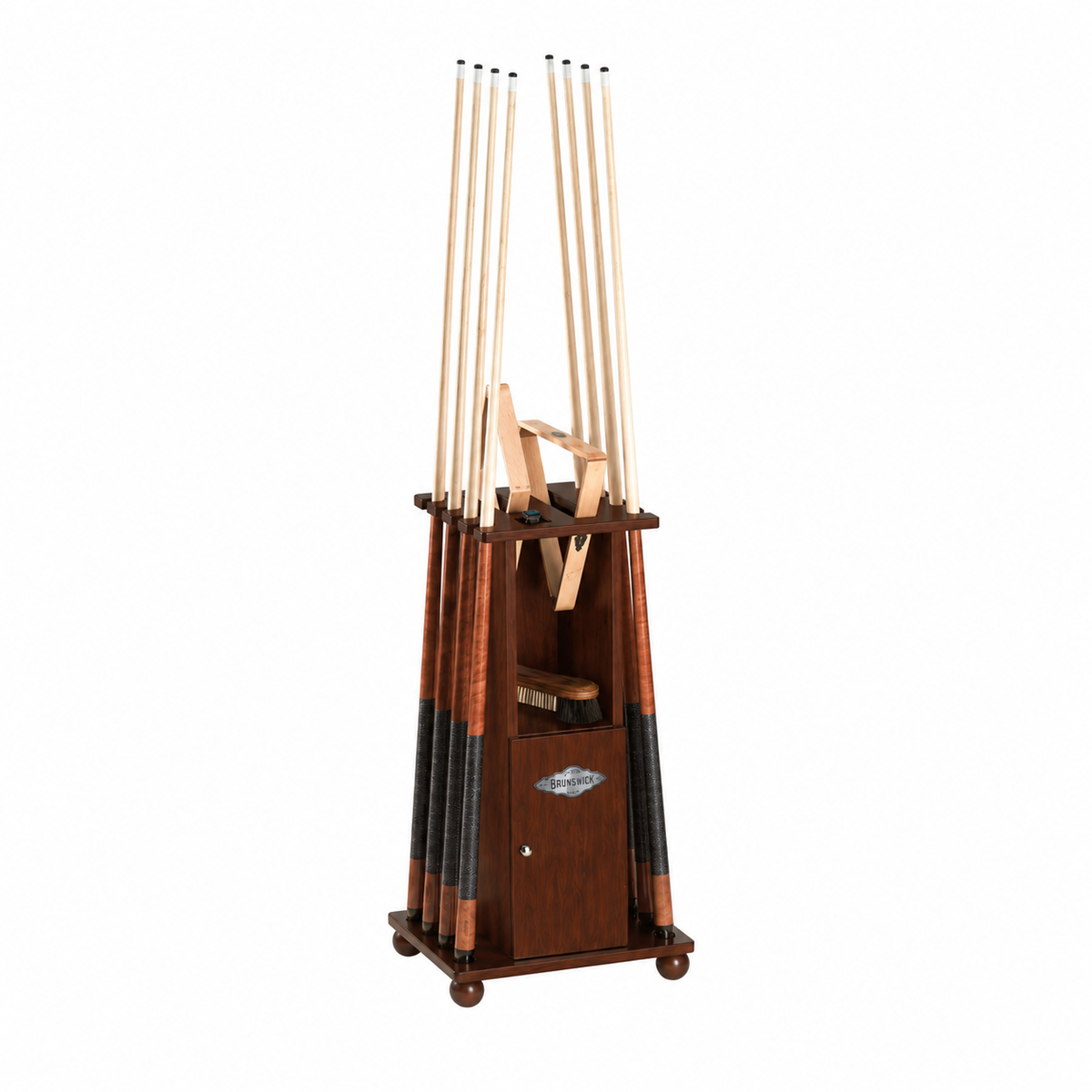 A Dark Brown Floor cue rack, shown holding 8 pool cues with a 8 ball and 9 ball rack. on a shelf below there is a pool table brush, all on a plain white background.