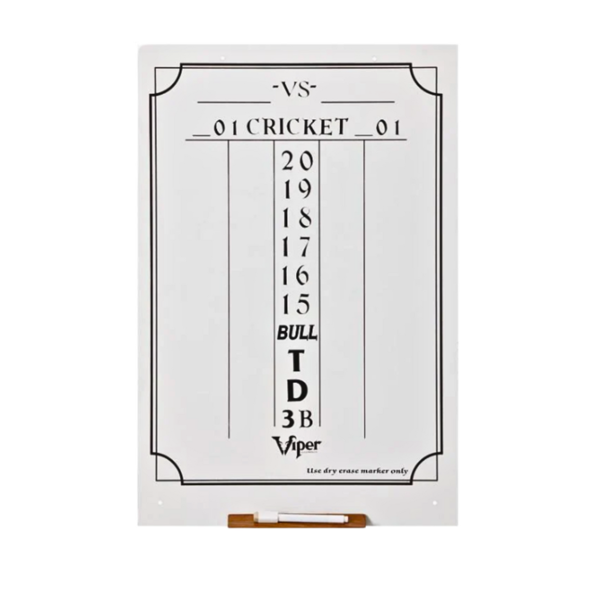A white dry erase marker board with black printed cricket score markings, shown with a brown marker and white eraser on a white background.