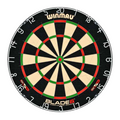 A Winmau Blades 6 dartboard centered on a plain white background, showing its black, beige, red, and green scoring segments with visible brand text at the top and bottom.