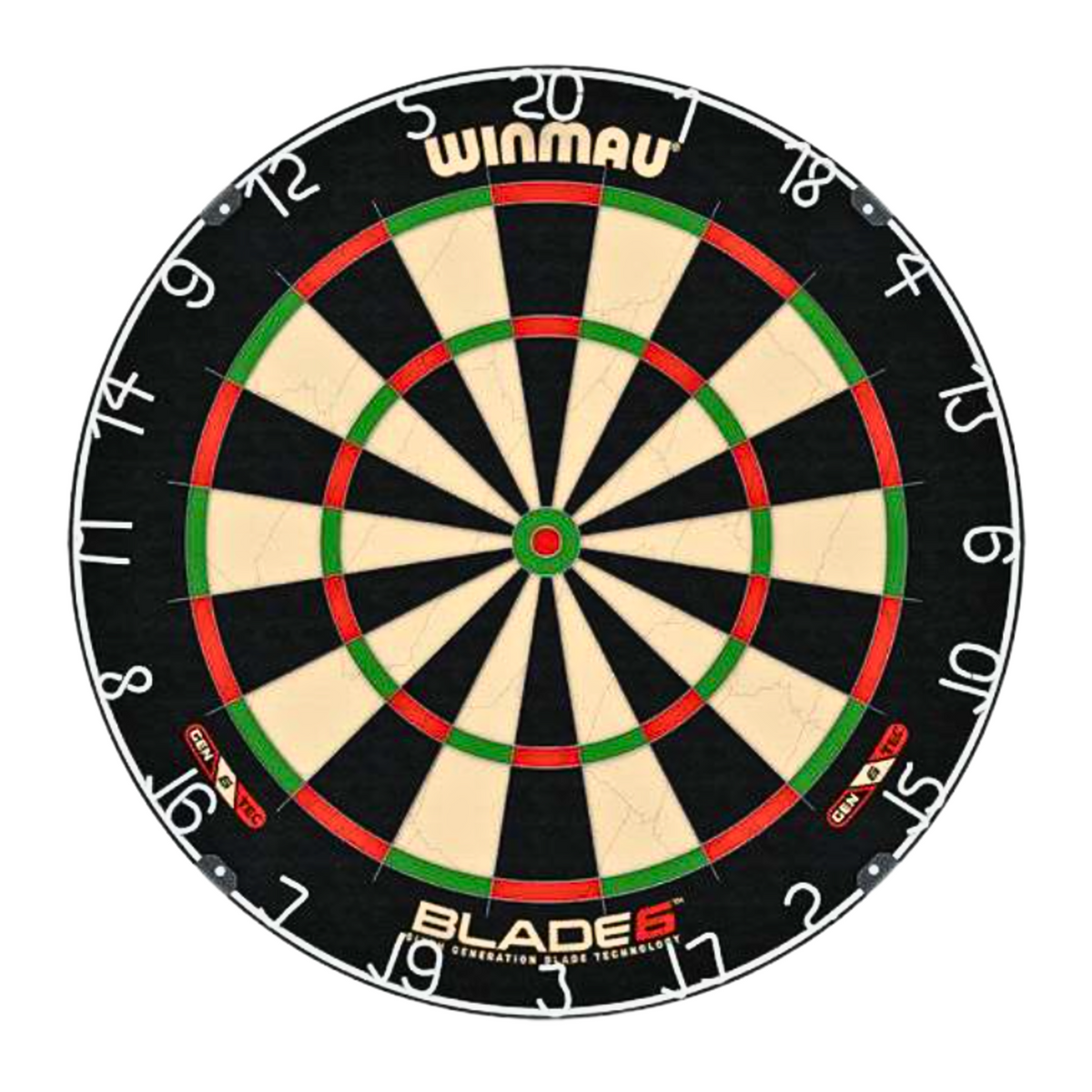 A Winmau Blades 6 dartboard centered on a plain white background, showing its black, beige, red, and green scoring segments with visible brand text at the top and bottom.