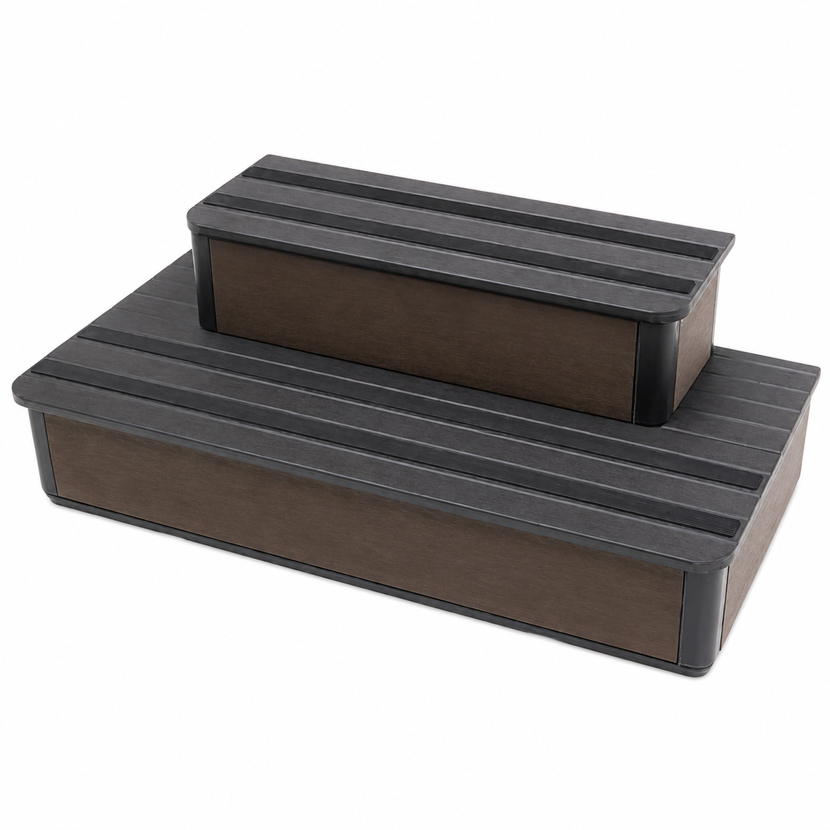 Two-step rectangular steps with black ribbed tops and dark sides, shown on a plain white background.