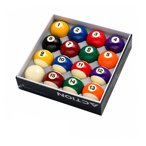 A boxed set of 15 billiard balls arranged in an open black box with the name ACTION visible on the packaging, photographed on a clean white background.